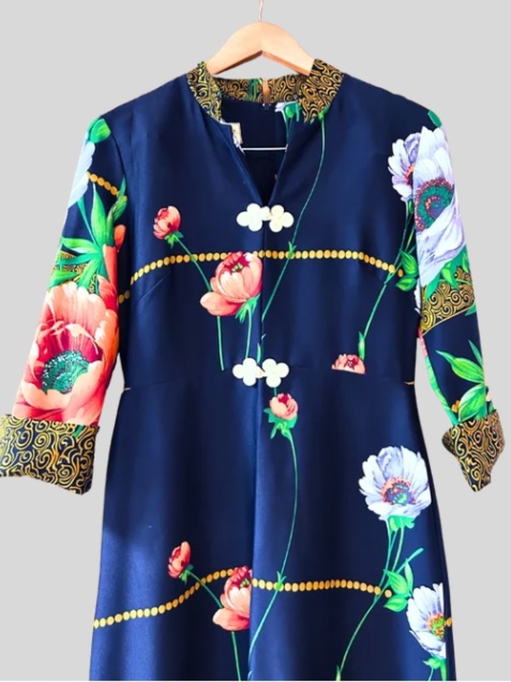 70s Alice of California Floral Maxi Dress with Gold Trim - Picture 2 of 8